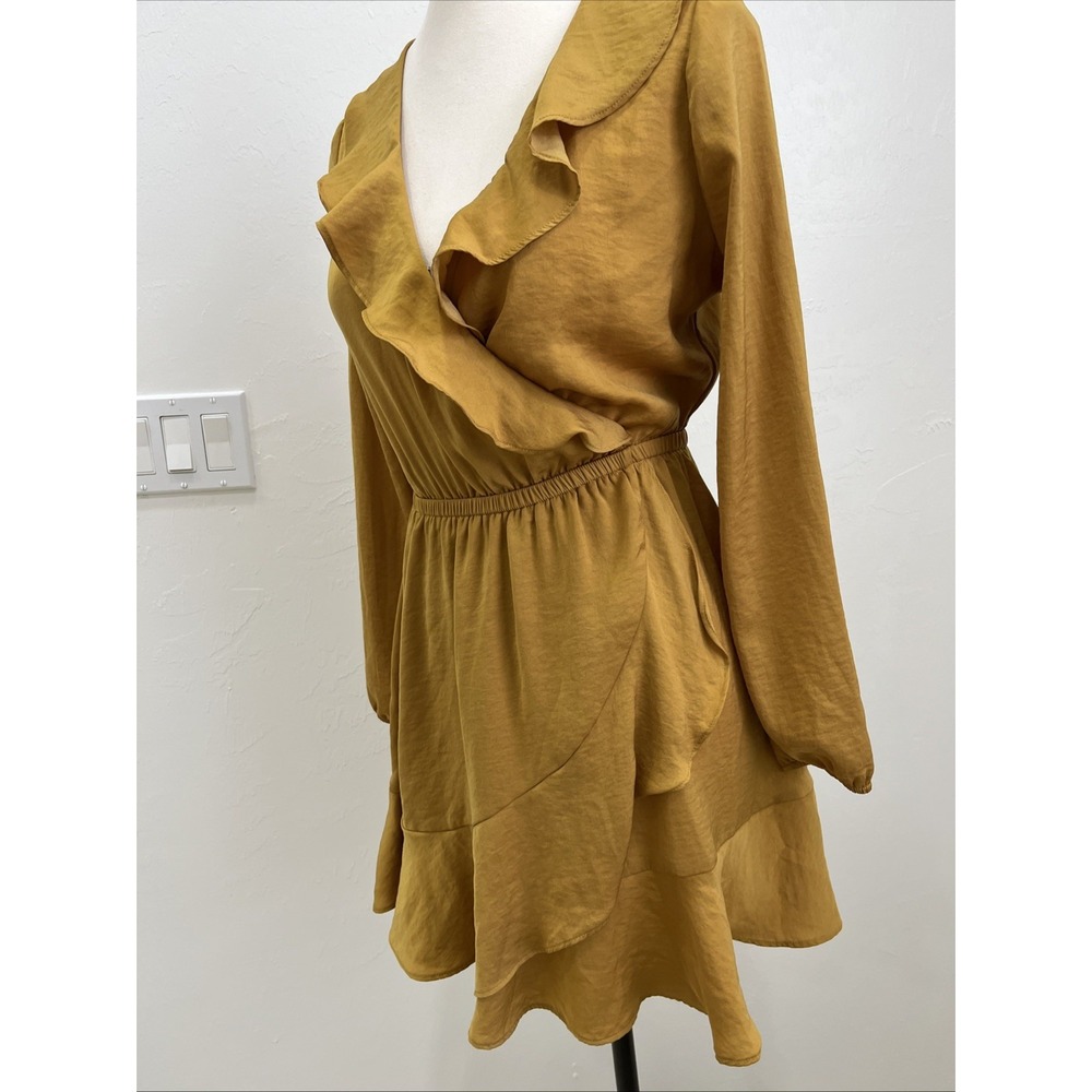 Express Faux Wrap Dress Womens XS Petite‎ Mustard Yellow Excellent Ruffle Mini - Picture 7 of 10